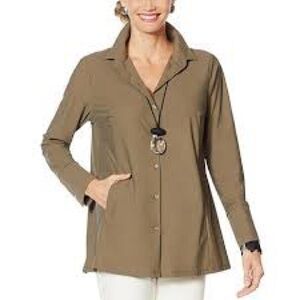 MarlaWynne Stretch Tech Nylon Women's Button Up Top Medium Green Khaki